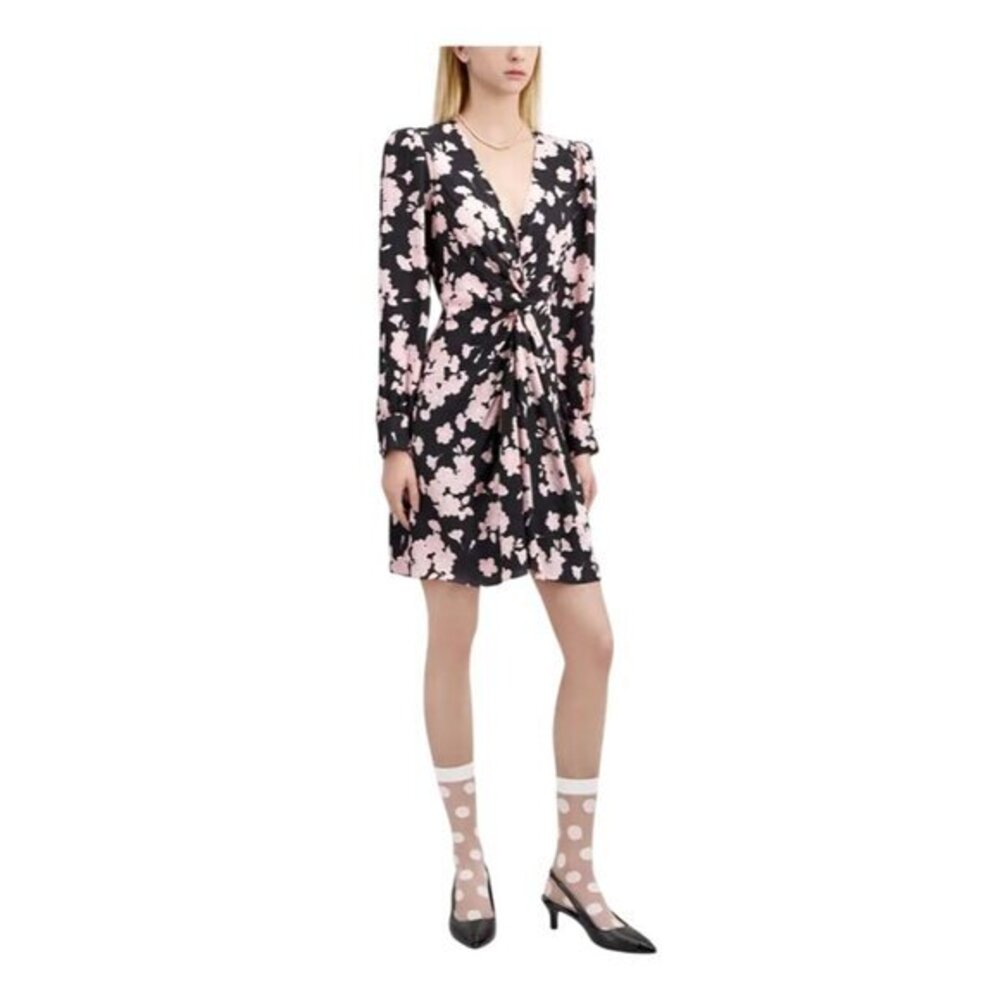 The Kooples Black Pink Floral Dress V-Neck Long Sleeve Draped Bow Waist Viscose
